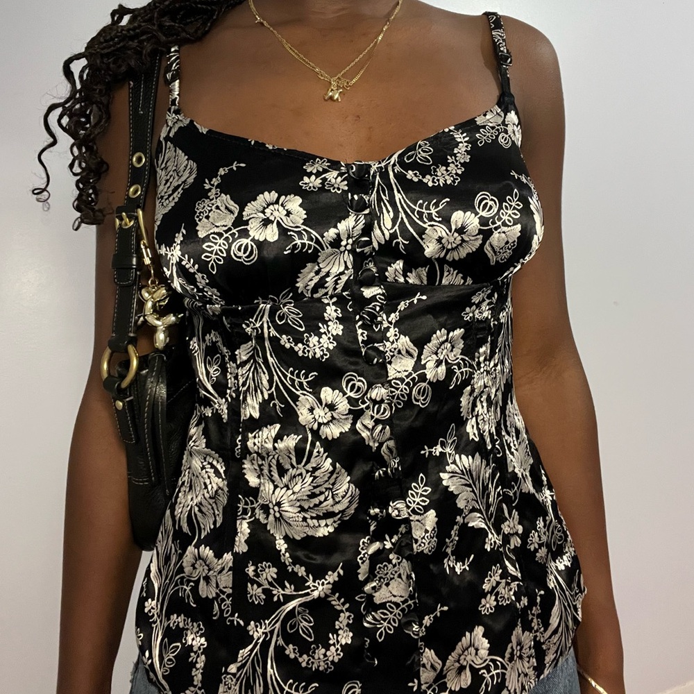 Black and White Floral Satin Top